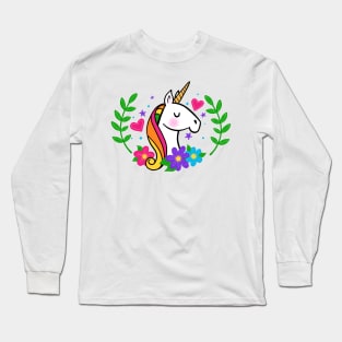 Colorful Rainbow Unicorn with Flowers Long Sleeve T-Shirt